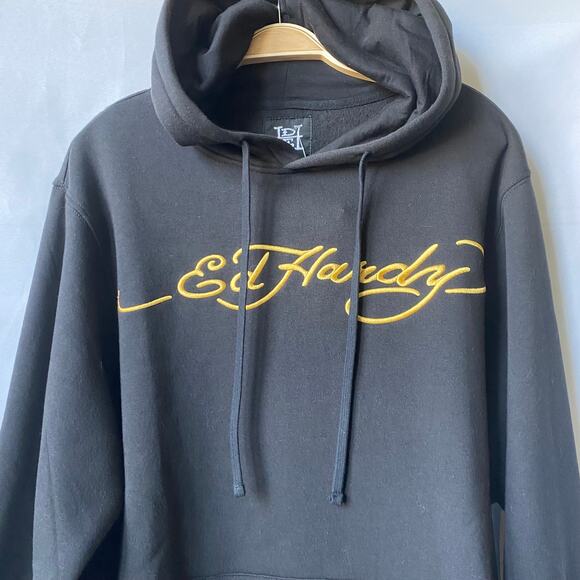 Ed Hardy Men Y2K Spell Out Logo Black Hoodie Sweatshirt Size L Grunge Skater NWT - Picture 4 of 12